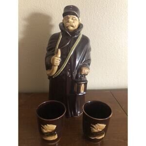 Vintage Night Watchman 8.5” Decanter Bottle With 2 Cups Japan